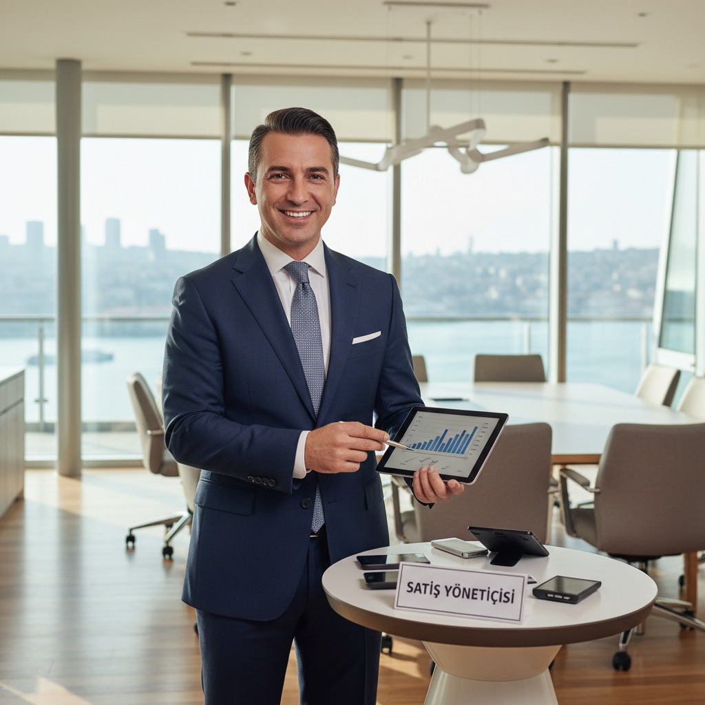 A smiling man in a suit stands in a modern office, holding a tablet displaying a bar chart and pointing toward it with a pen.