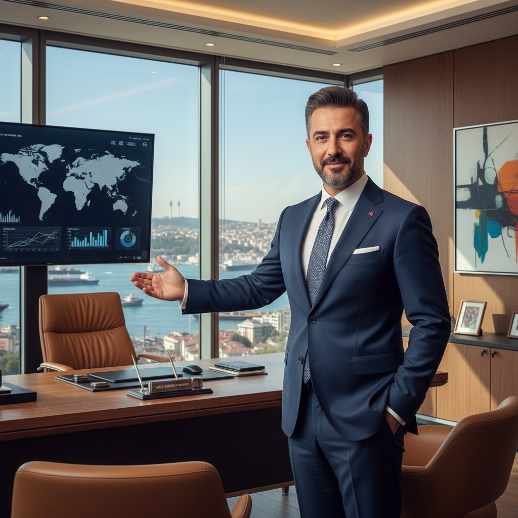 A professional man in a suit stands in a modern office with a view of a harbor, gesturing toward a digital screen displaying a world map and data charts.